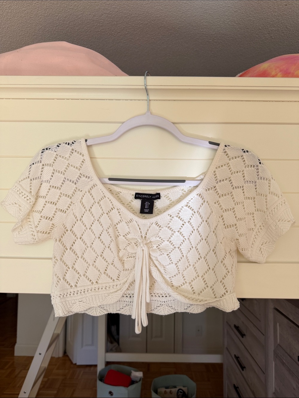 Sincerely Jules White Crochet Tie-Front Short Sleeve Crop Top